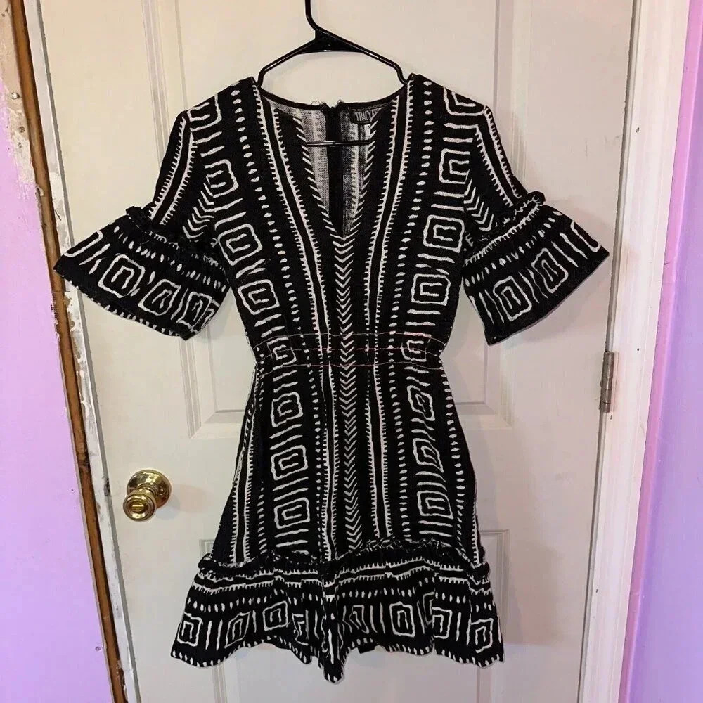 Tracy Feith 100% Cotton Geometric Boho Print Mini Black & White Dress Sz XS